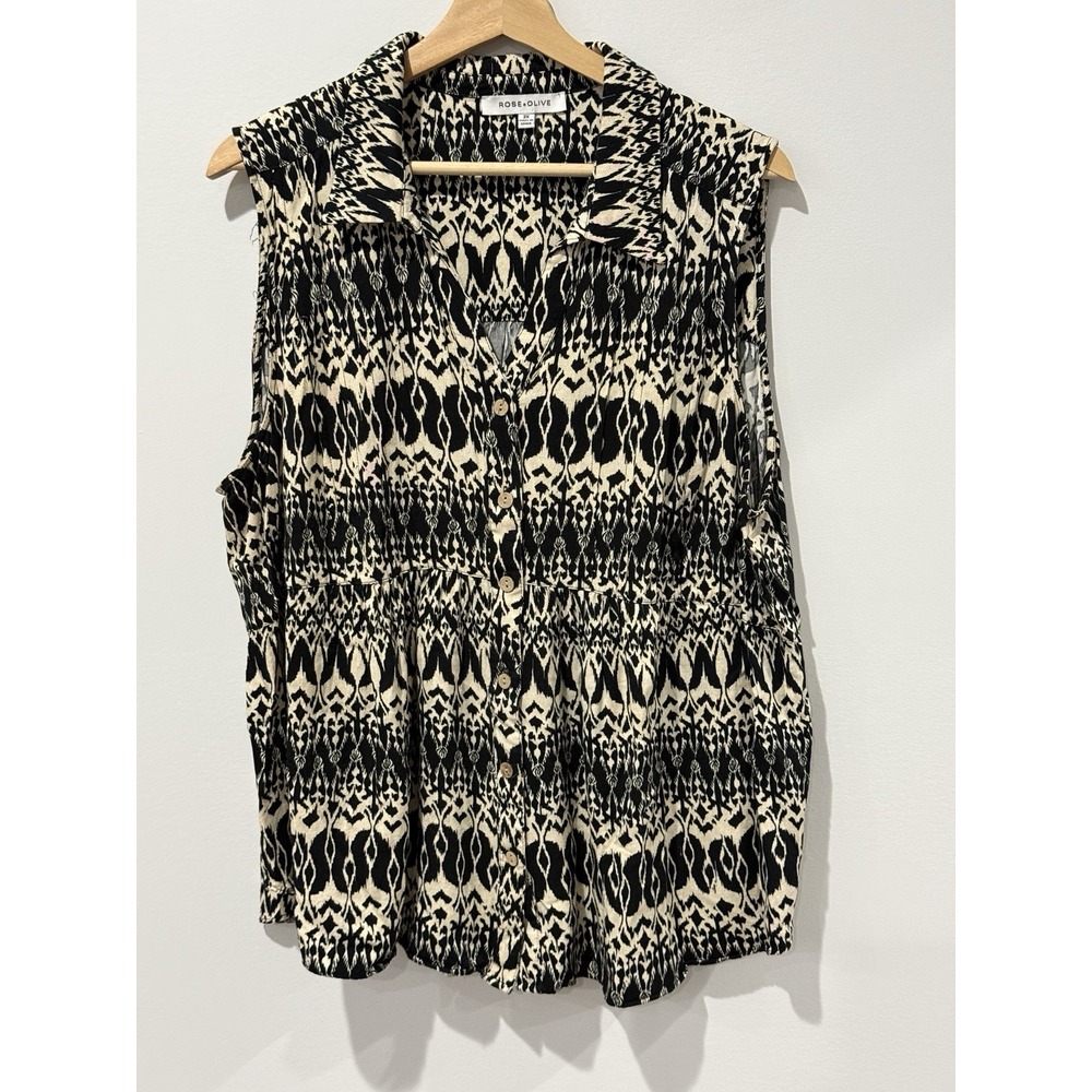 Rose & Olive Button Up Top Womens 2X Babydoll‎ Black Geometric Boho Vacation
